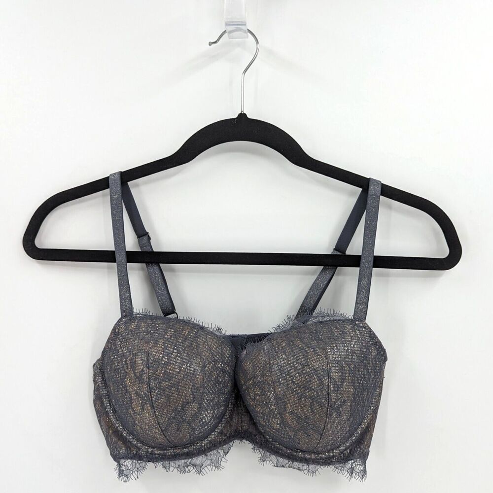 Victoria's Secret Bra Women's 34D Gray Shimmer Lace Lined Demi Dream Angels